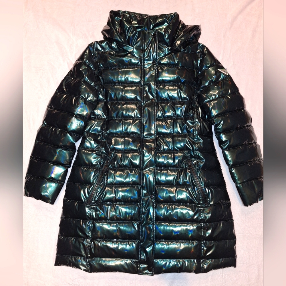 Guess Emerald Green Long Shiny Metallic Quilted Puffer Coat
